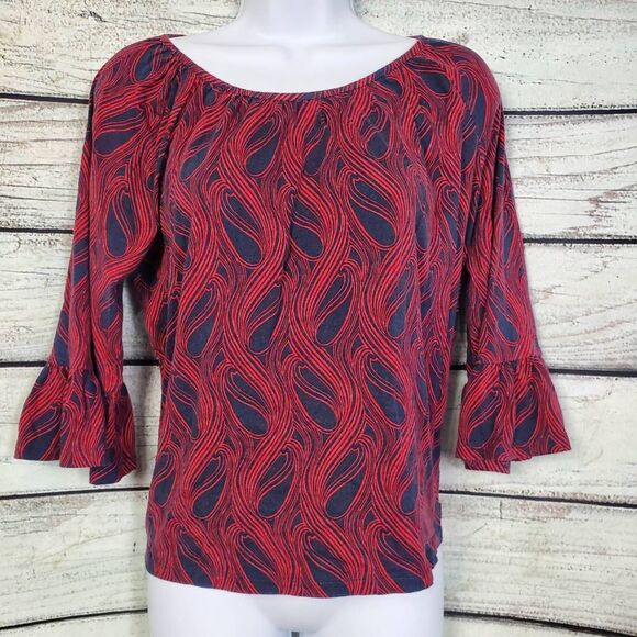 Michael Kors Red Navy Swirl Print Blouse M Bell Sleeve Stretchy Lightweight - Picture 1 of 7